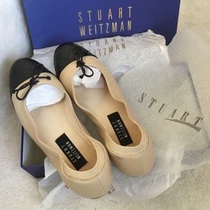 Stuart Weitzman SNUGGLE Color Block Tan Black Cap Toe Napa Leather Ballet Flats